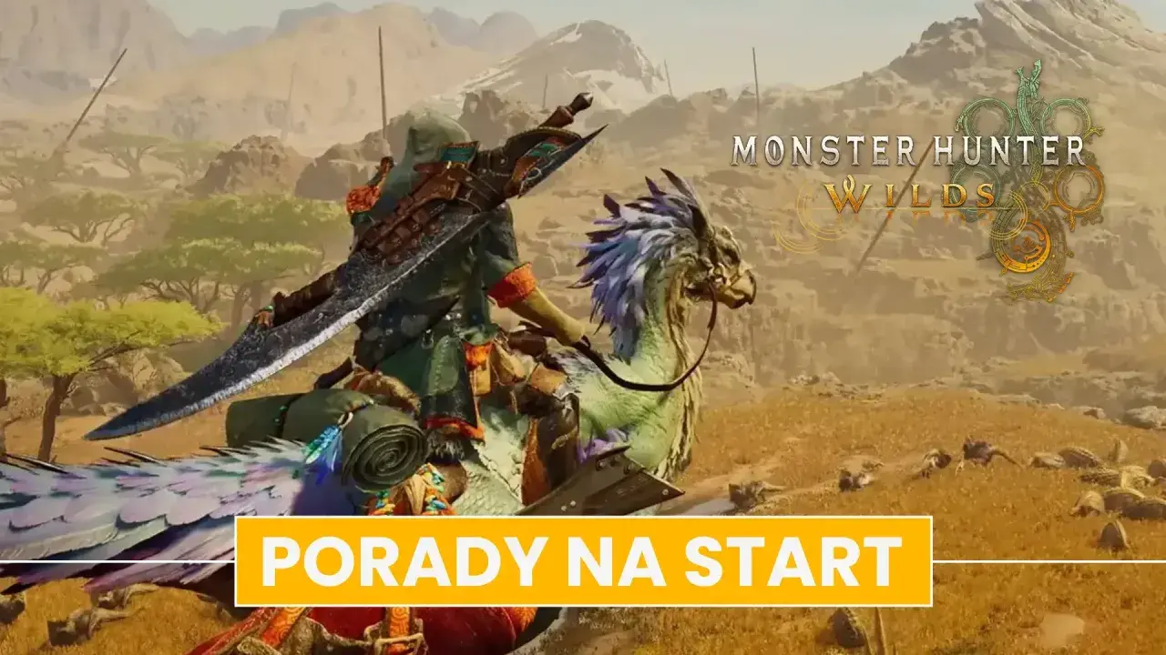 Łowca na grzbiecie latającego stworzenia w pustynnym krajobrazie. Poradnik Monster Hunter World: Porady na start.