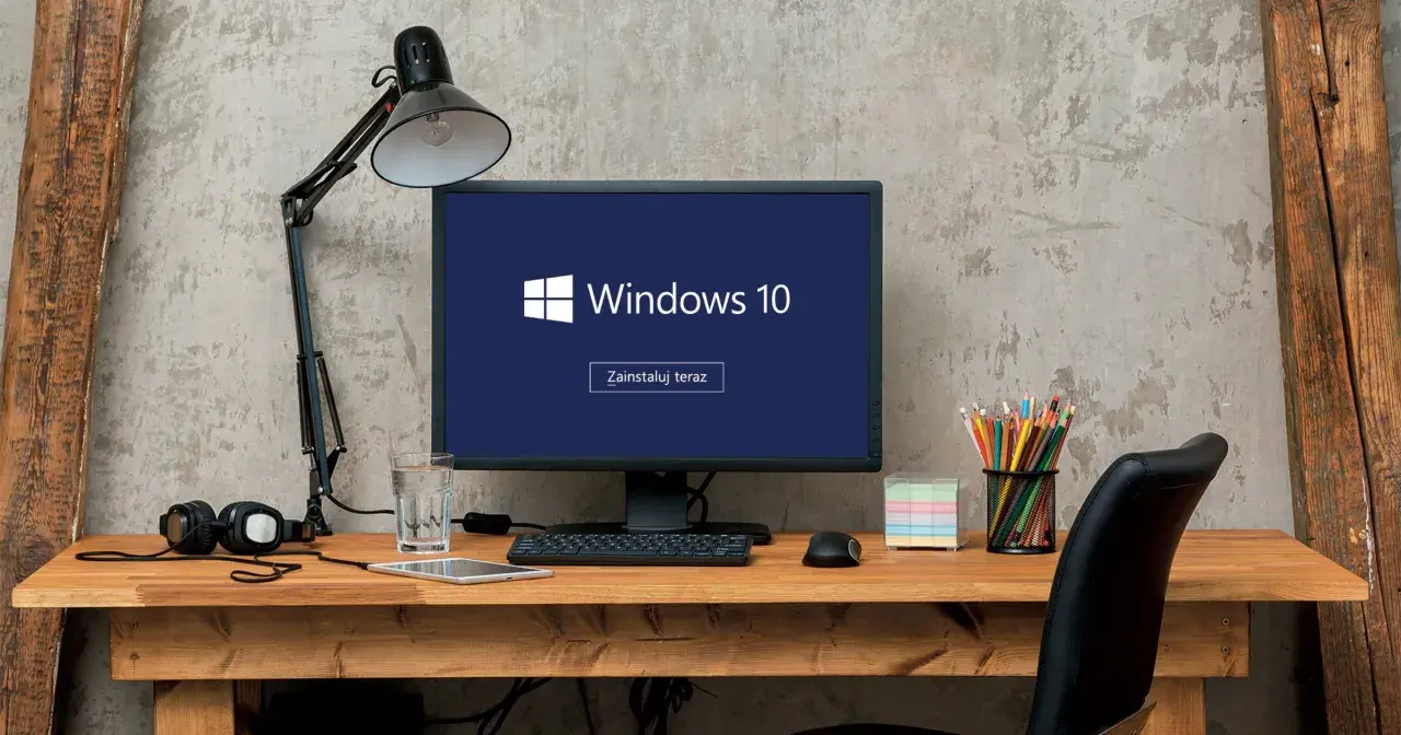 Biurko z komputerem Windows 10, lampką, słuchawkami i szkłem wody. Zastanawiasz się, jak wyłączyć komputer?