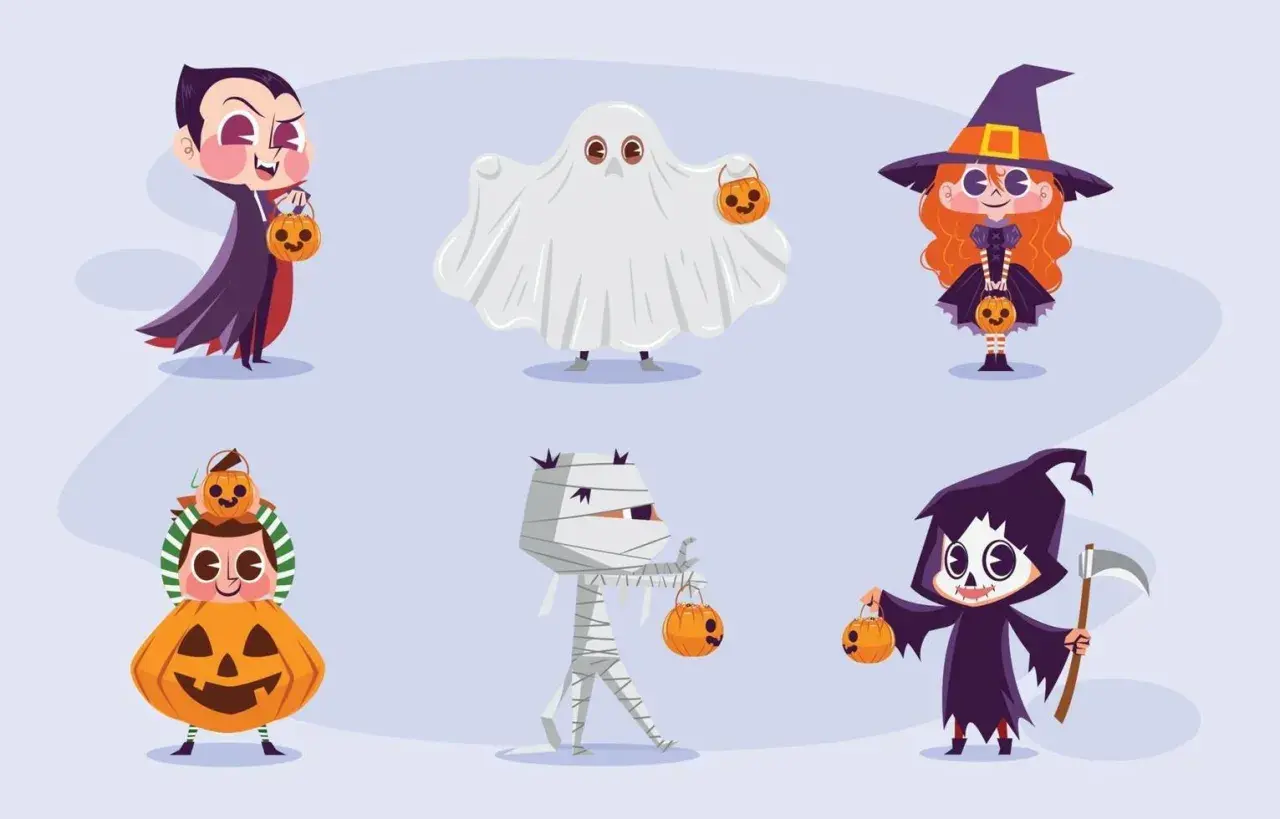 Dibujo de Halloween con niños disfrazados de vampiro, fantasma, bruja, calabaza, momia y parca, listos para pedir truco o trato.
