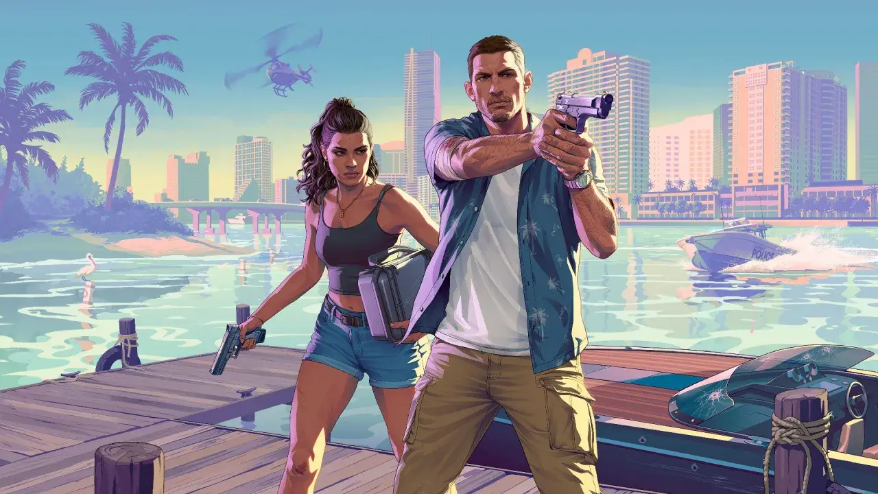 Para, z pistoletem i walizką, na tle miasta i policyjnej łodzi. Kiedy ma wyjść GTA 6?