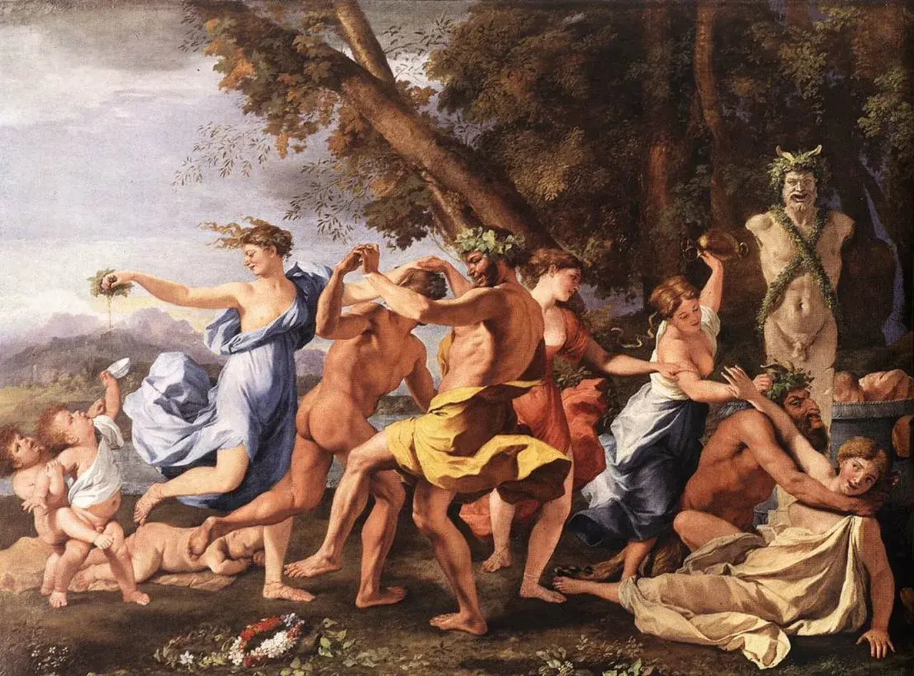 Taniec bachantek i satyrów, inspirowany antykiem, w stylu **classicism**. Dzieci bawią się w tle.