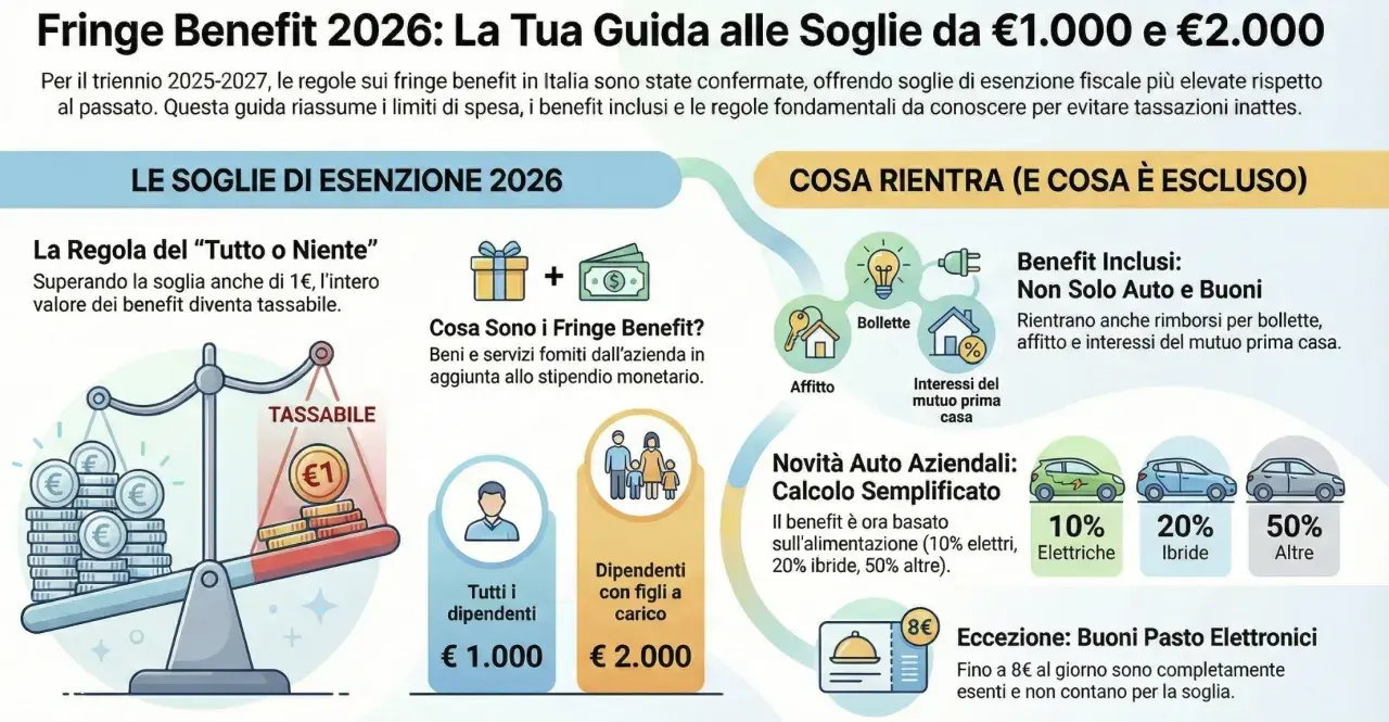 Guida ai fringe benefit 2026: soglie da 1.000€ e 2.000€, cosa è incluso (bollette, affitto, mutuo) e novità auto.