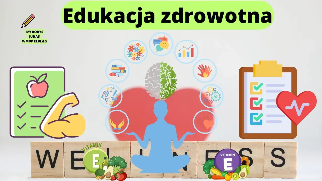Edukacja zdrowotna program nauczania: ilustracja promuje zdrowy styl życia, ćwiczenia, dietę i dobre samopoczucie.