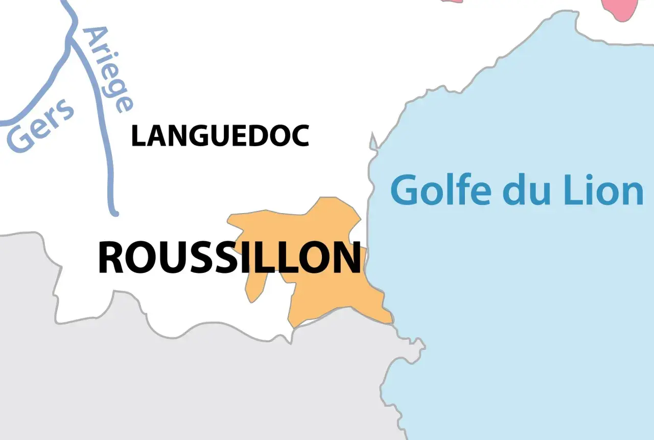 Carte de France montrant le Roussillon, le Languedoc et le Golfe du Lion.
