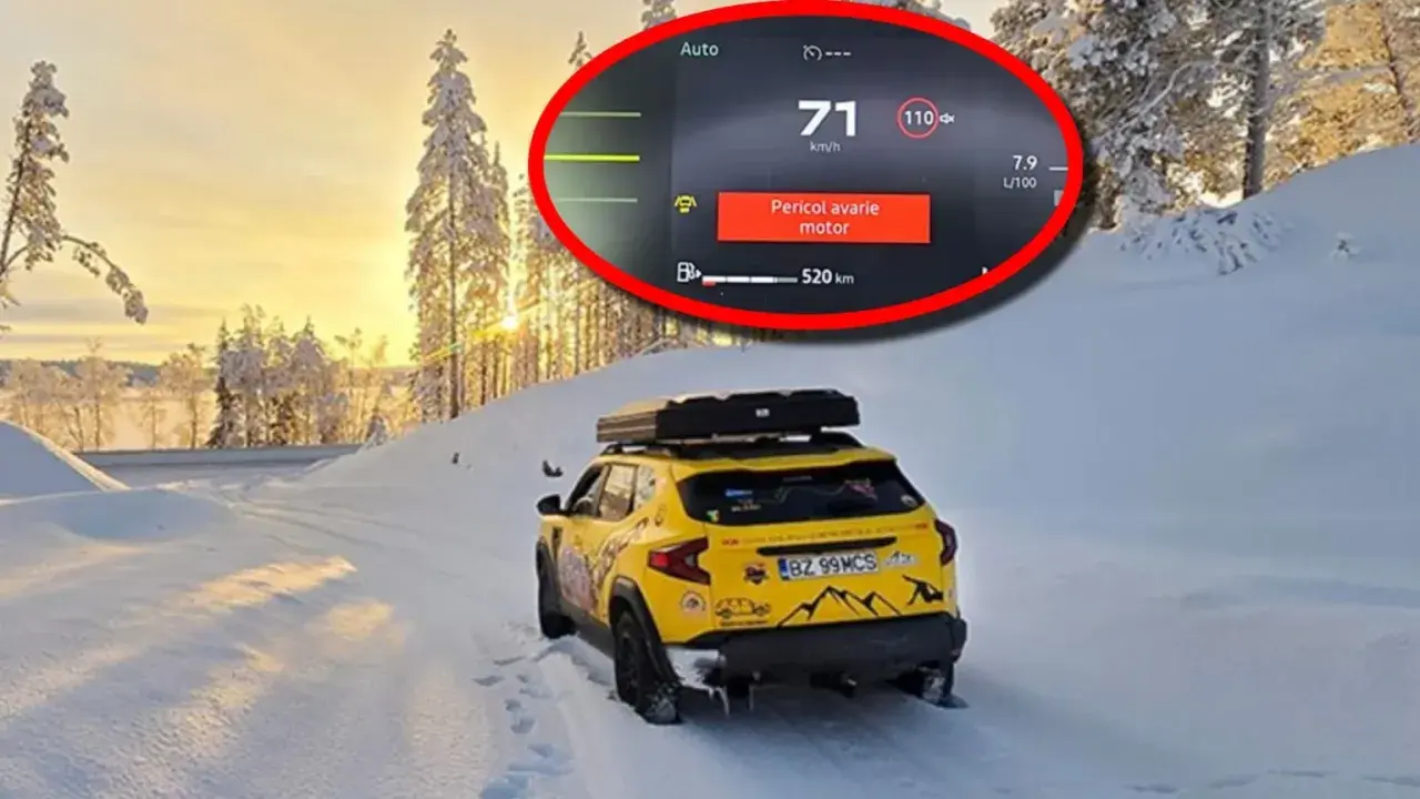 Gul Dacia Sandero med takbox i snölandskap. Varningslampan "Pericol avarie motor" lyser, ett tydligt Dacia Sandero problem.