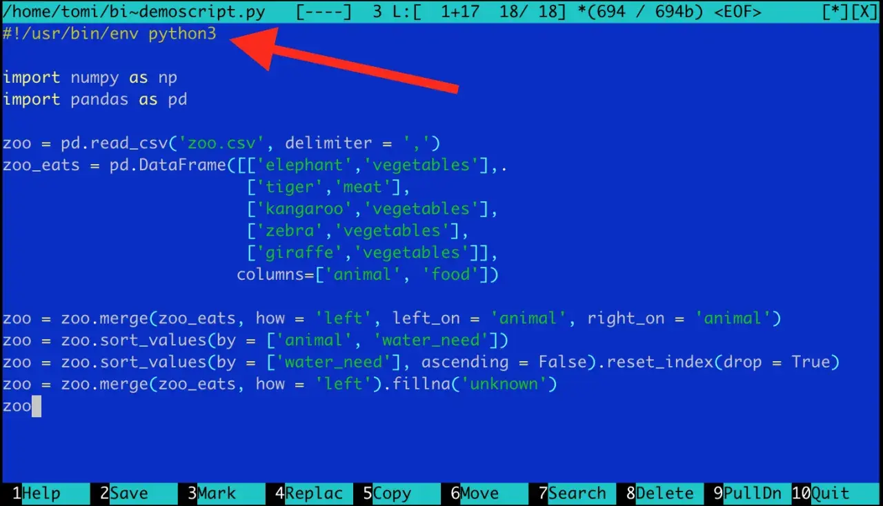 Le script Python commence par le shebang `#!/usr/bin/env python3`, suivi de l'importation de pandas pour manipuler des données de zoo.