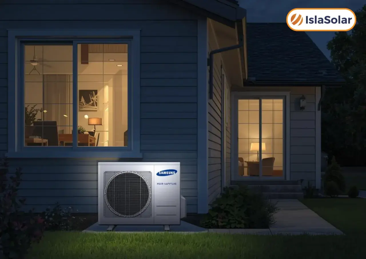 Unidad exterior de aerotermia Samsung, ideal para apagar aerotermia por la noche y ahorrar energía. Casa iluminada al anochecer.