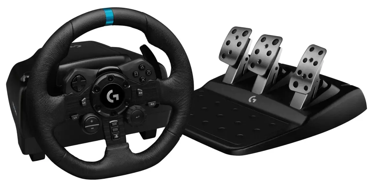 Profesjonalna kierownica Logitech G z metalowymi pedałami, idealna do tworzenia własnego rankingu kierownic do PC.