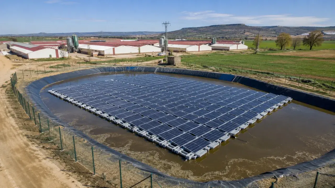 Granja en Aragón con subvenciones para placas solares flotantes en balsa, generando energía limpia para sus instalaciones.