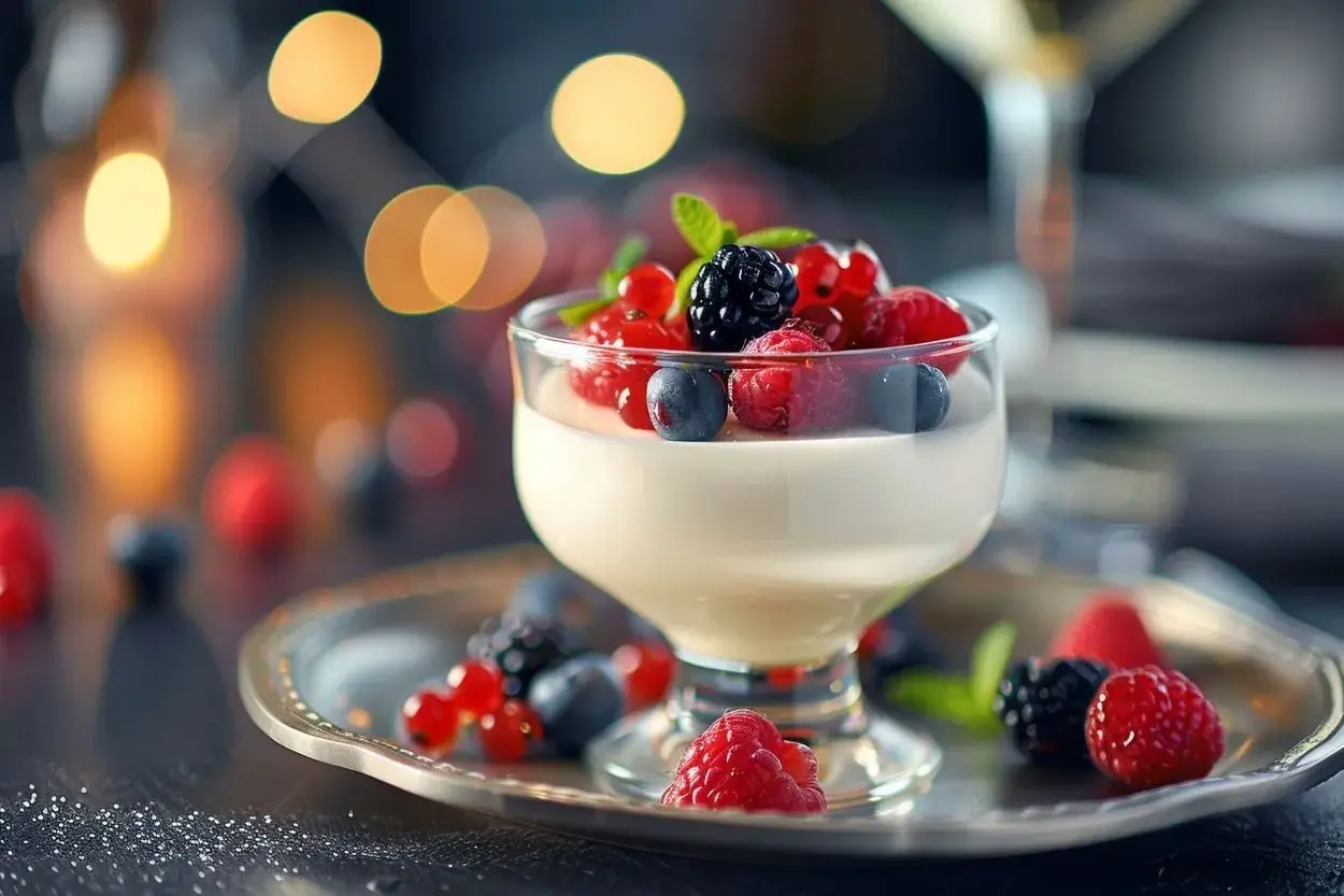 Délicieuse panna cotta crémeuse garnie de fruits rouges frais et d'une feuille de menthe, sur un plateau argenté.