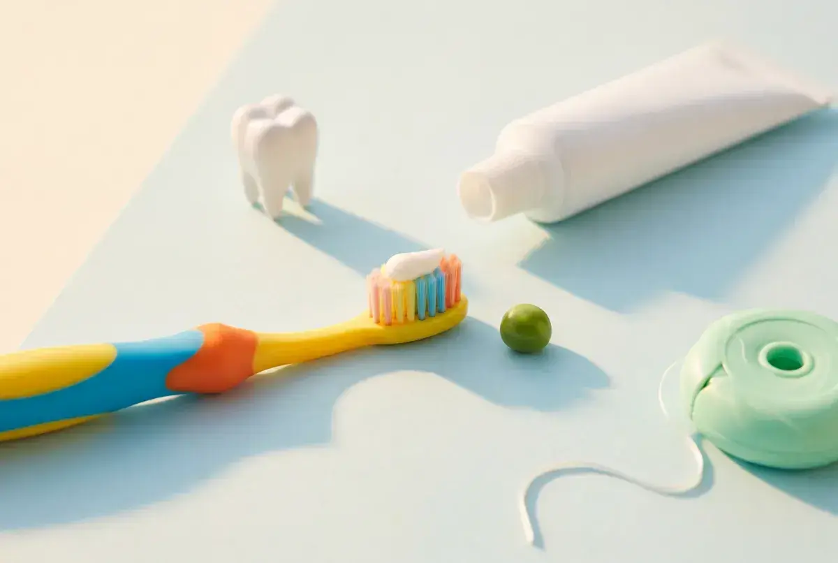 Spazzolino, dentifricio e filo interdentale per un efficace trattamento fluoro denti.