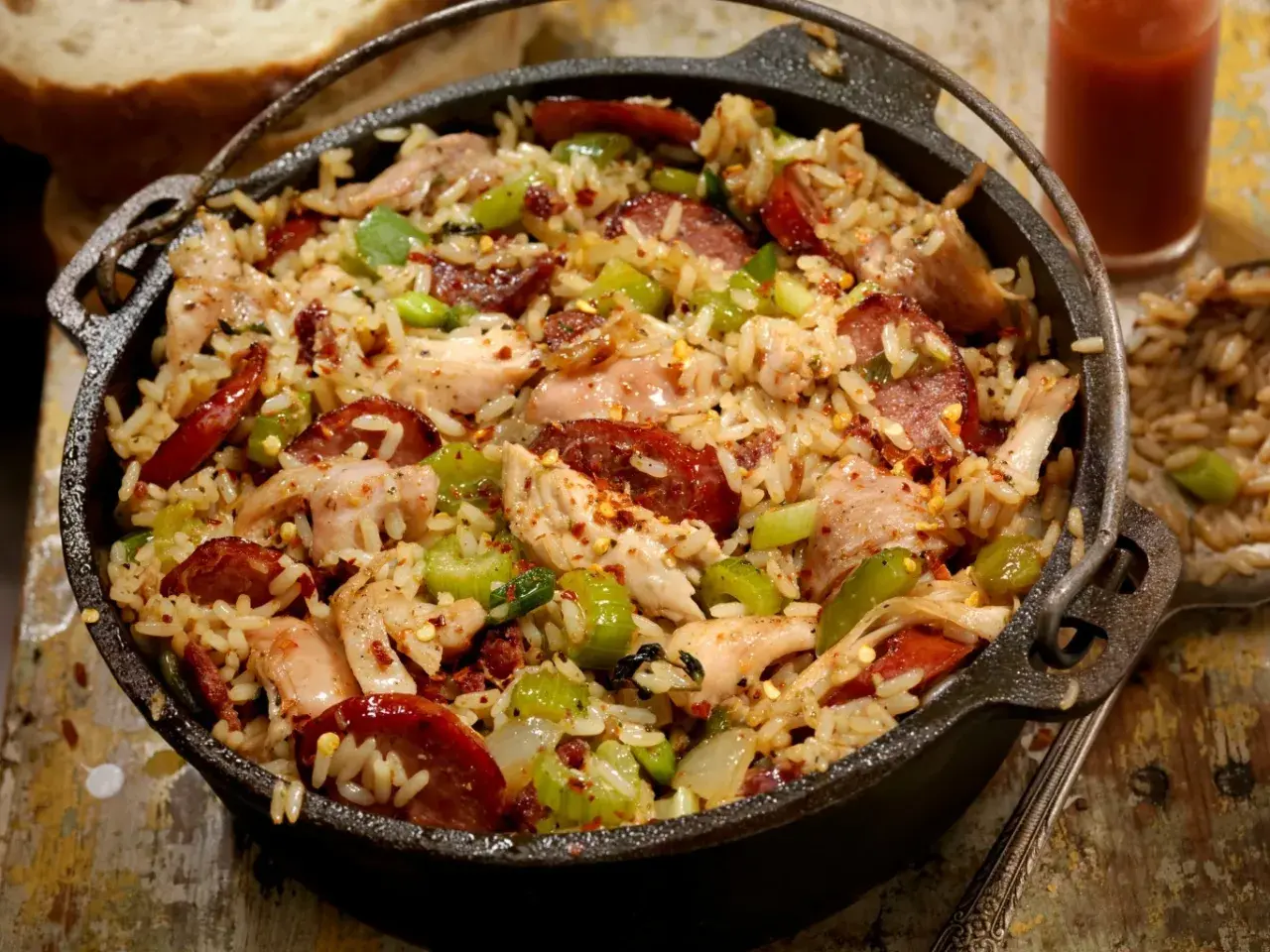 A pyszne jambalaya w żeliwnym garnku, pełne ryżu, kurczaka, kiełbasy i warzyw.