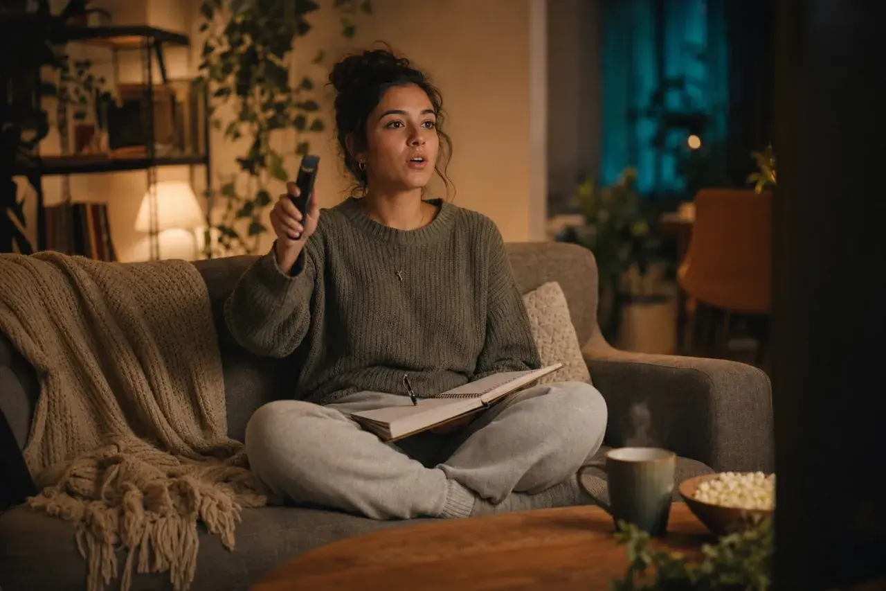 Ragazza sul divano con telecomando e quaderno, pronta per imparare l'inglese con i film.
