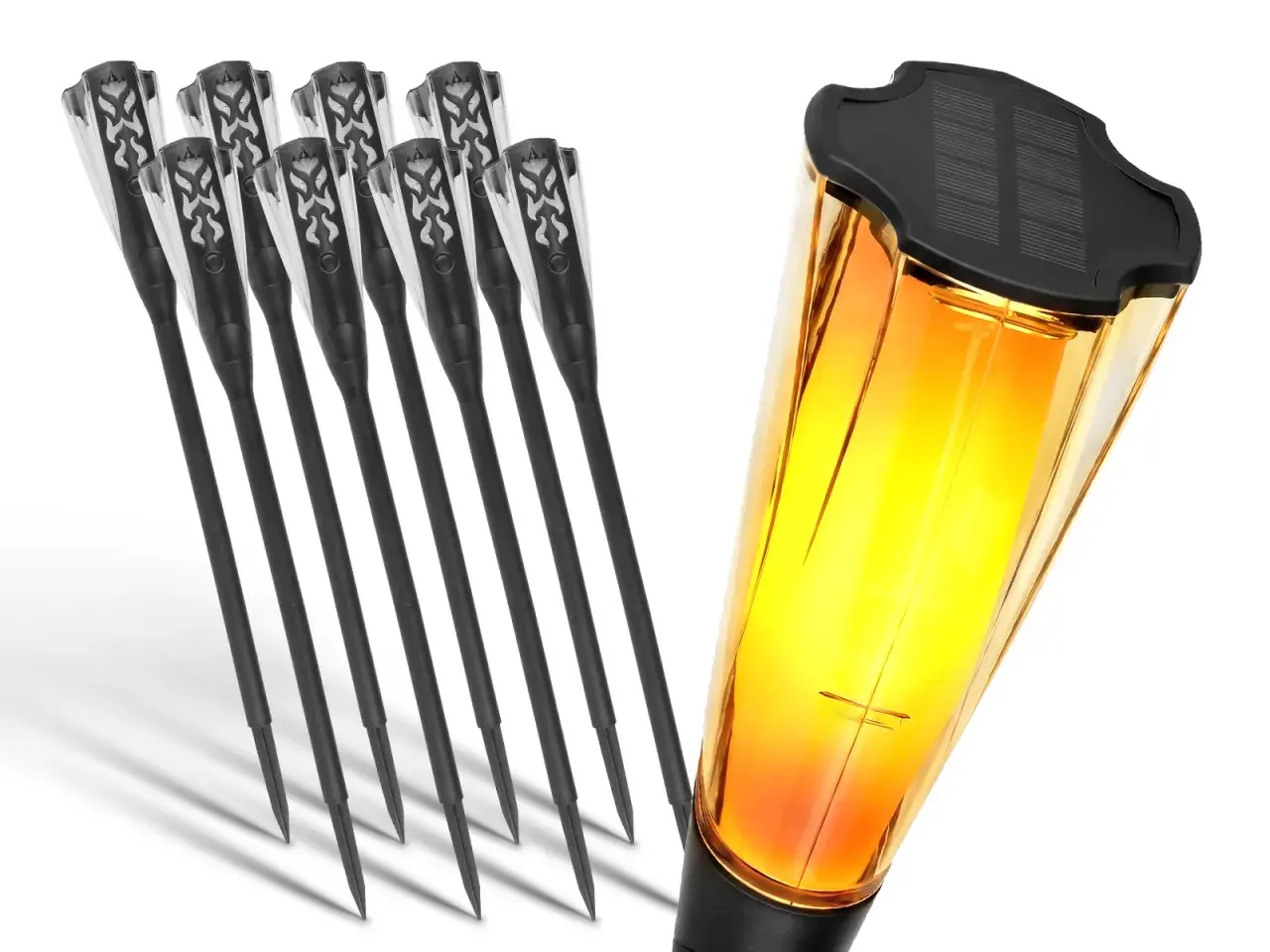 Siedem lamp solarnych w rzędzie, jedna świeci jasno, a pozostałe nie. Dlaczego lampa solarna nie świeci?
