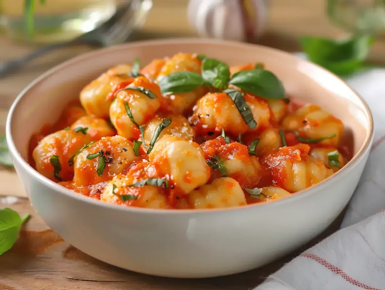 En skål med fluffig gnocchi i en smakrik tomatsås, toppad med färsk basilika. Enkel och god vardagsmat.