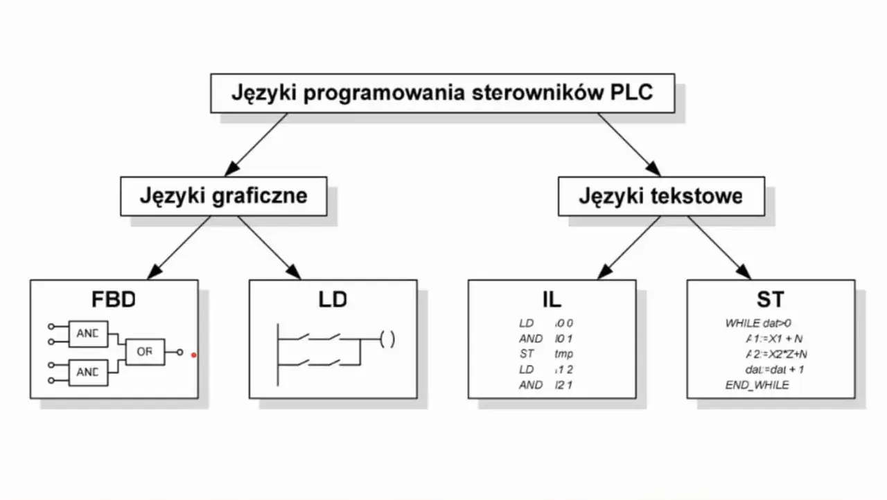 Schemat przedstawia języki programowania sterowników PLC: graficzne (FBD, LD) i tekstowe (IL, ST). Idealny materiał na kurs PLC.