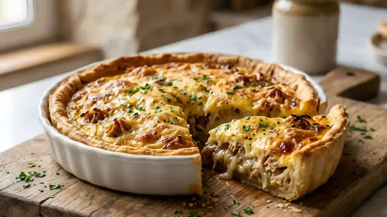 Une part généreuse de quiche au thon dorée, garnie de persil frais, repose sur une planche en bois.