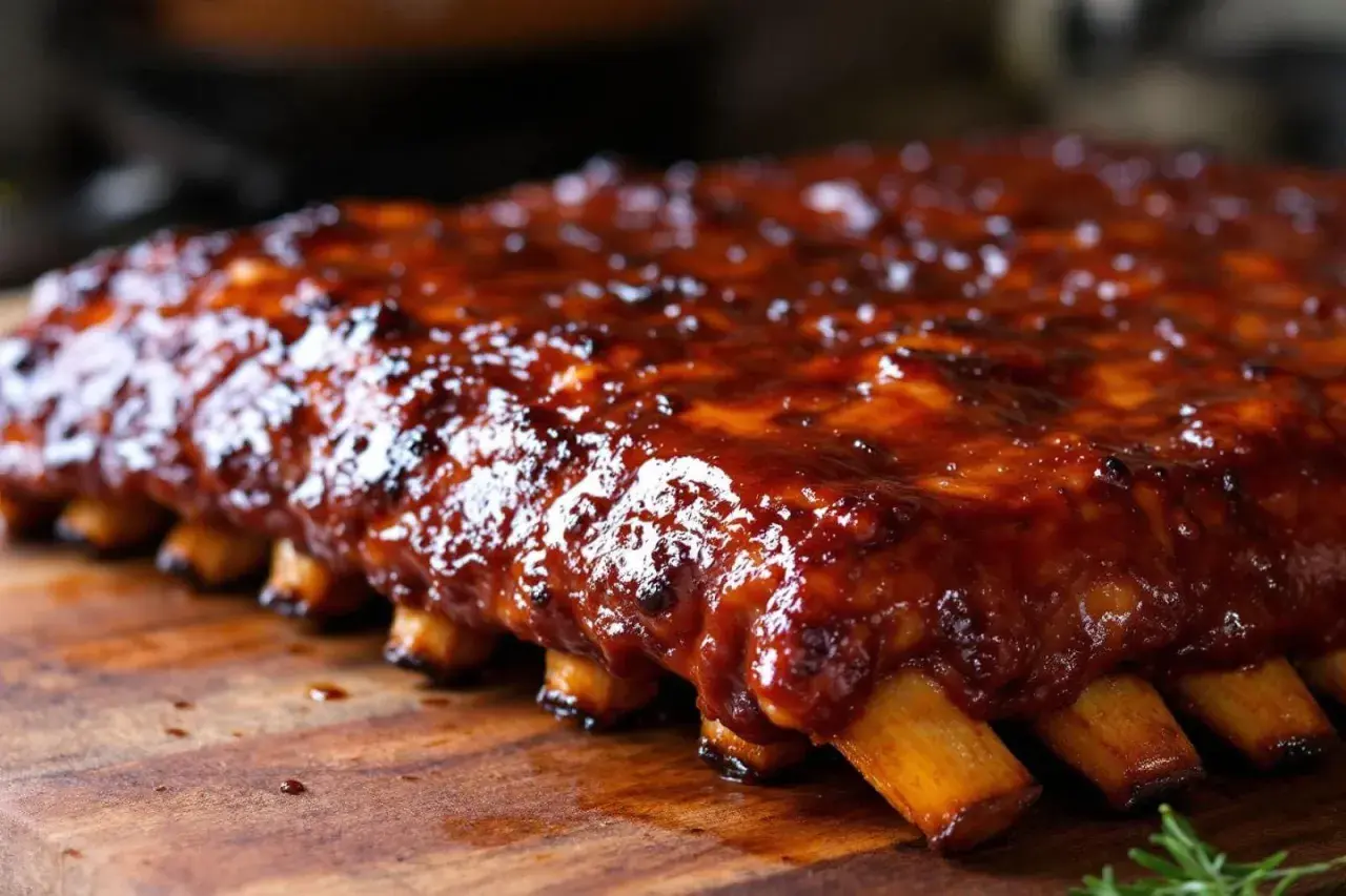 Un plat appétissant de travers de porc glacés à la sauce barbecue, posé sur une planche en bois.