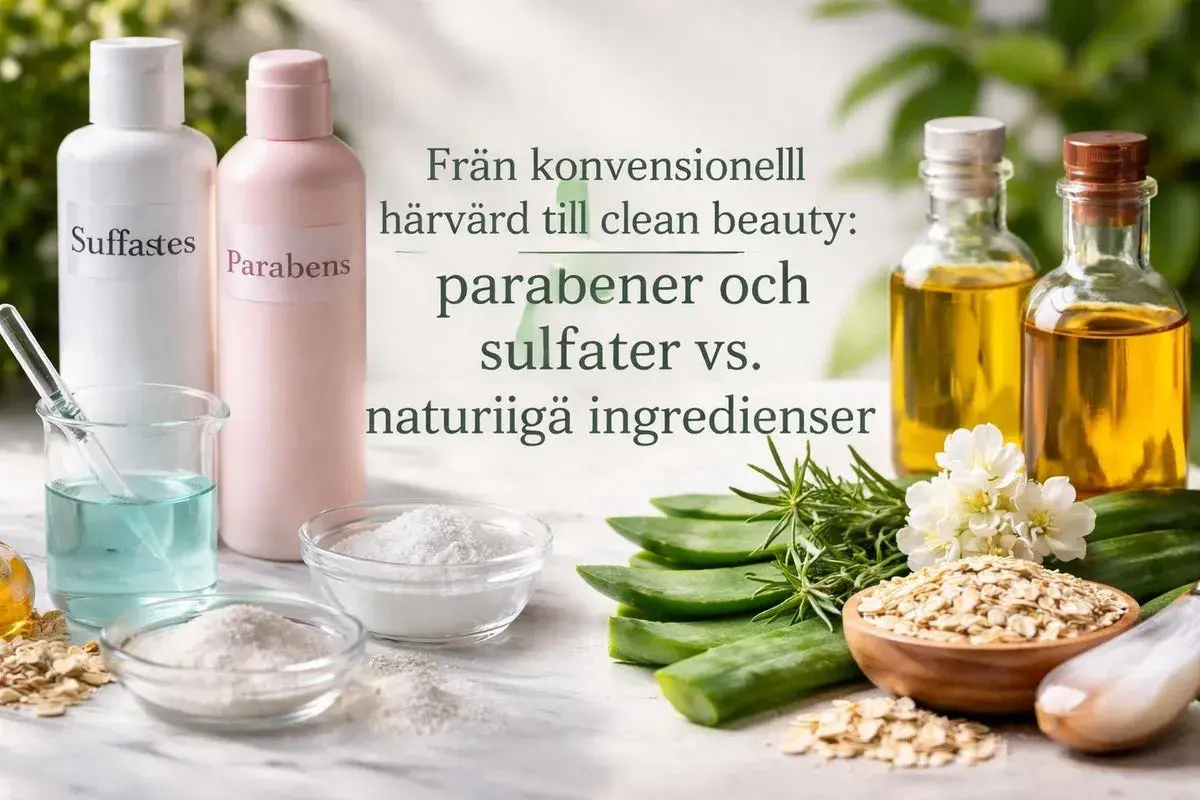 Två flaskor, en märkt "Parabens", bredvid skålar med pulver och oljor. Bilden kontrasterar parabener och sulfater mot naturliga ingredienser för schampo.