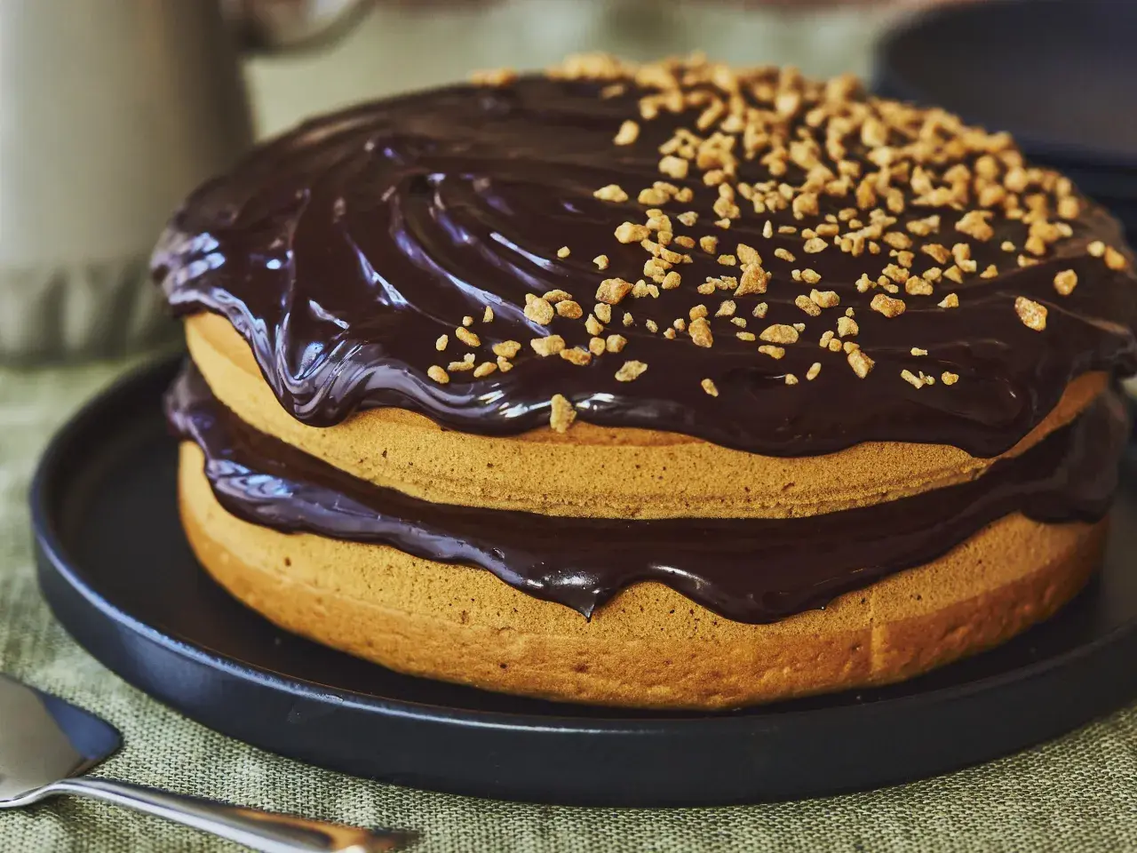 Gâteau sans oeuf à deux étages, nappé de chocolat noir brillant et parsemé de noisettes concassées. Un délice pour tous !
