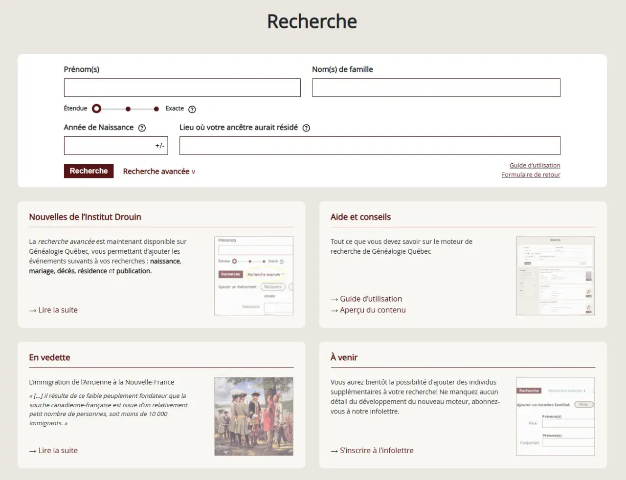 Interface de recherche généalogique avec champs pour prénom, nom, année et lieu de naissance. Une section "À venir" annonce une nouvelle fonctionnalité pour ad 79.