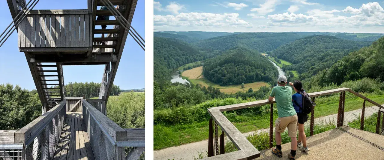 Vue panoramique d'une vallée verdoyante et d'une rivière, depuis une plateforme d'observation. Idéal pour une randonnée bouillon.