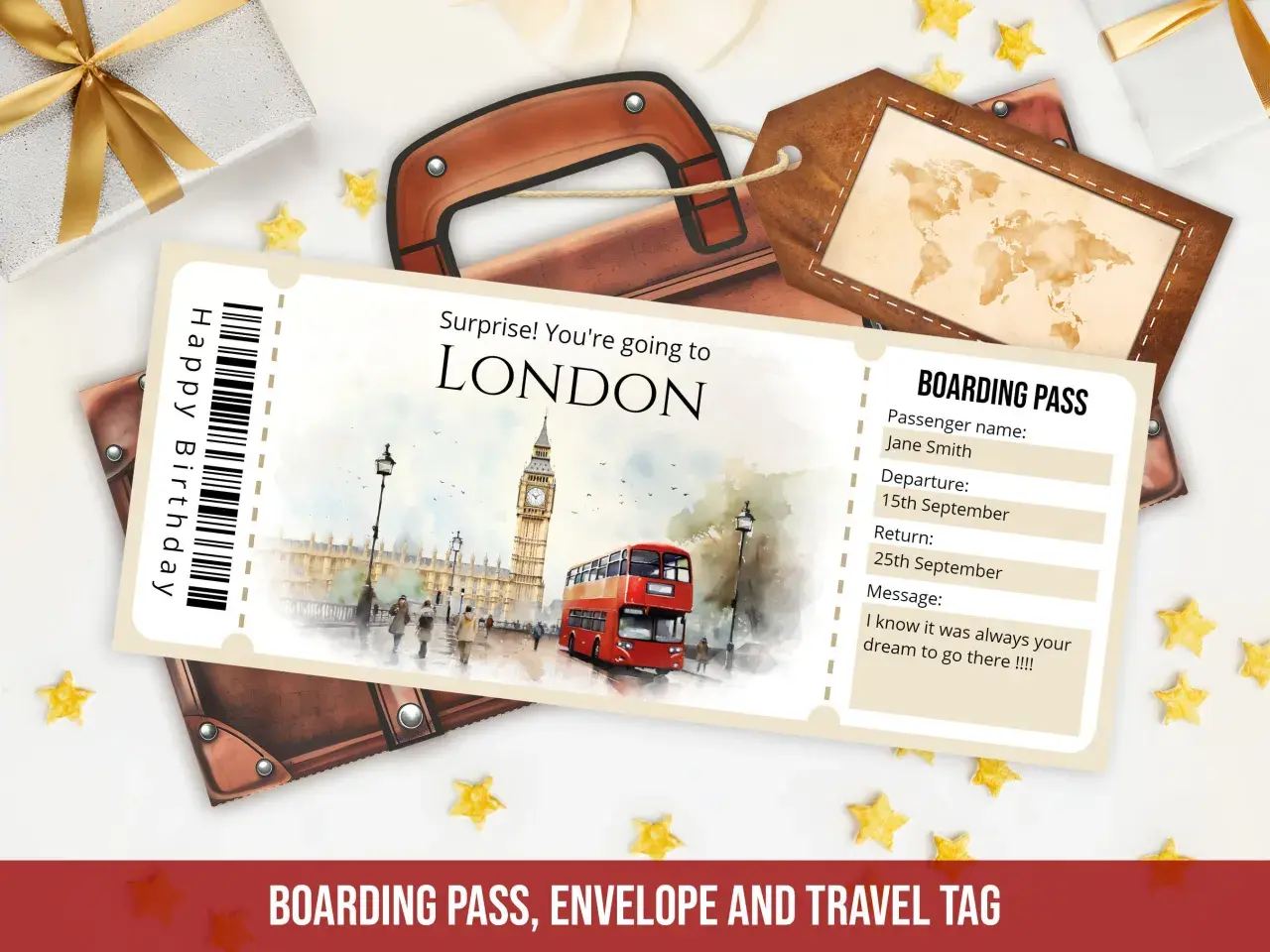 Karta pokładowa z napisem "Surprise! You're going to LONDON" i widokiem na czerwony autobus i Big Ben. Obok prezent i brązowa metka podróżna.