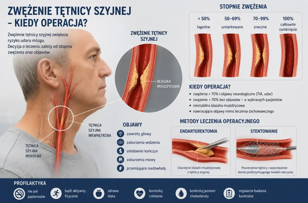 Ucisk kręgów szyjnych na tętnice objawy: zawroty głowy, zaburzenia widzenia, osłabienie kończyn, mowy, niedowłady. Zwężenie tętnicy szyjnej zwiększa ryzyko udaru.