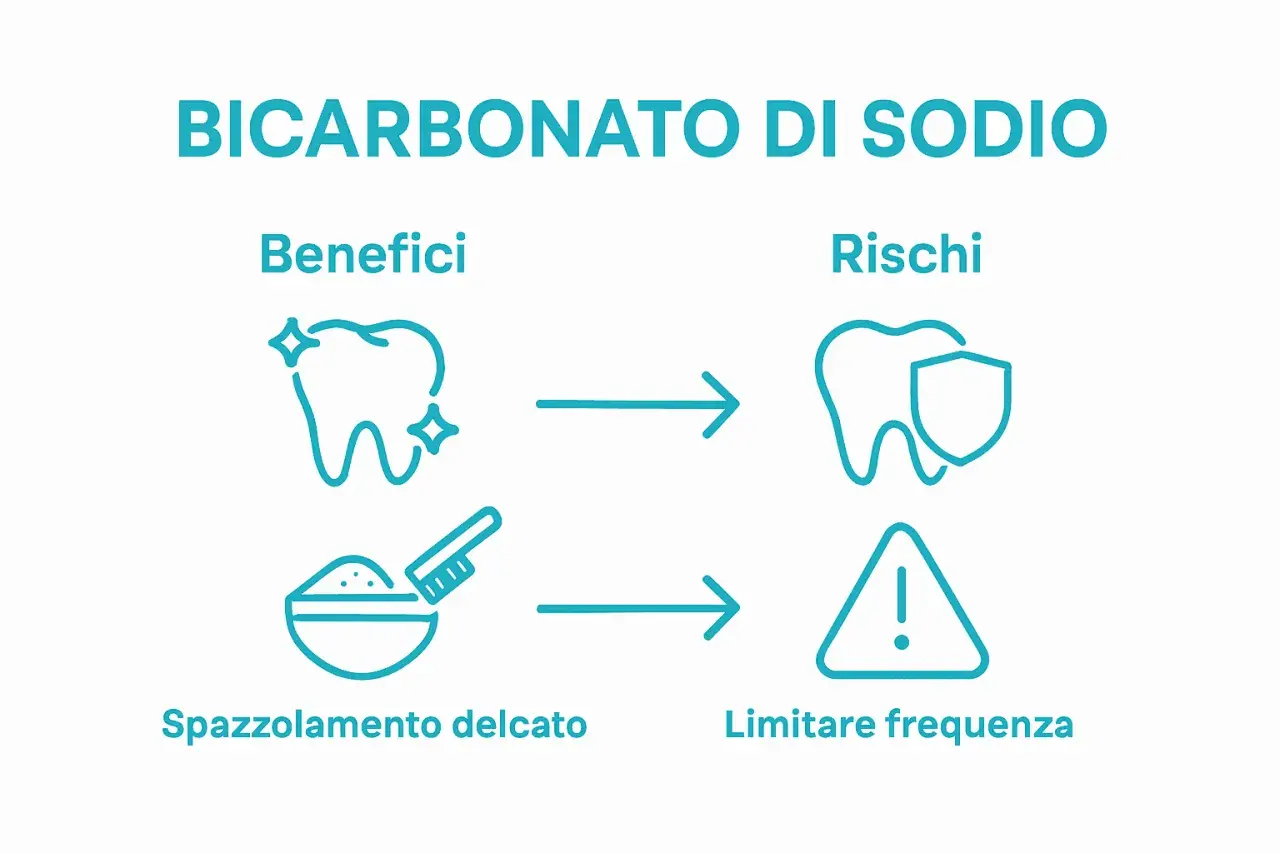 Bicarbonato per denti: benefici (denti splendenti) e rischi (protezione dentale, attenzione alla frequenza).