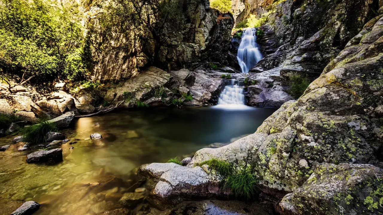 Agua cristalina fluye en la cascada del purgatorio, rodeada de rocas cubiertas de musgo y vegetación exuberante.