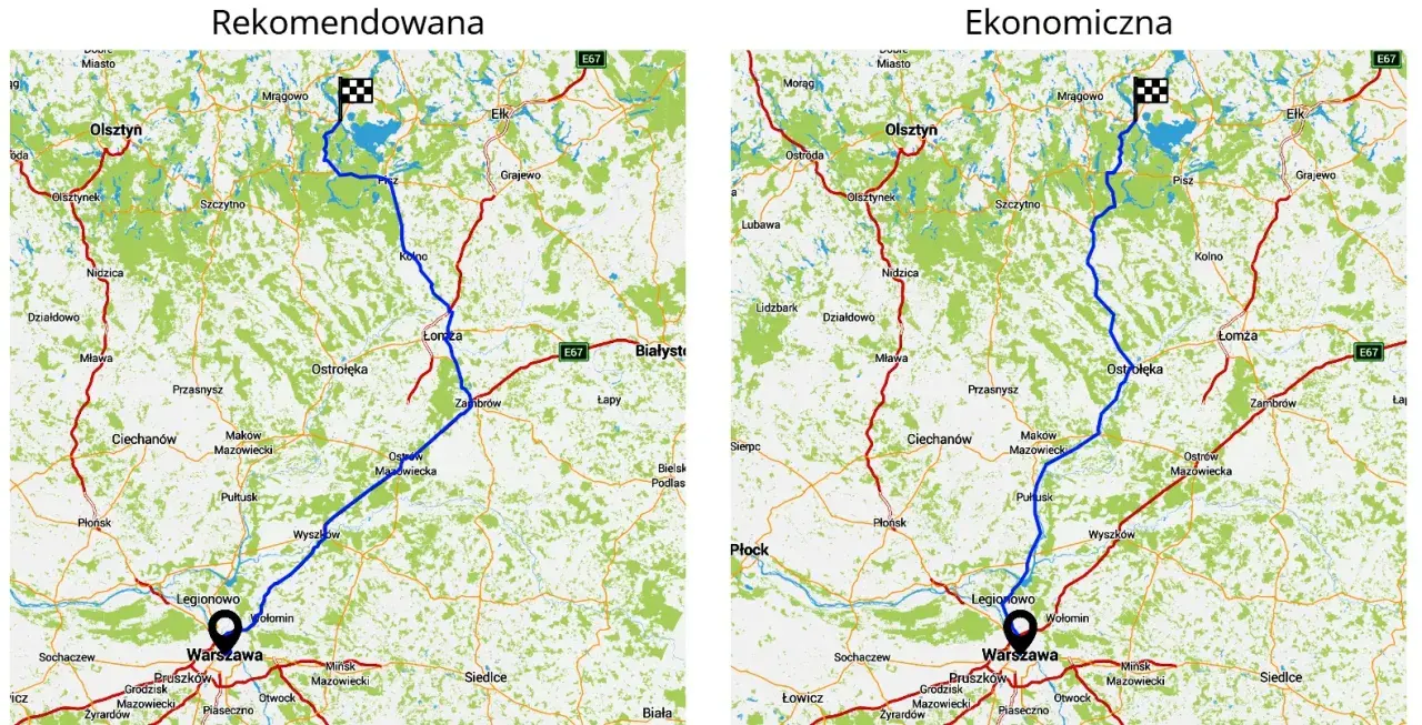 Trasy z Olsztyna do Warszawy: rekomendowana (niebieska) i ekonomiczna (czerwona). Idealne na mikołajki!