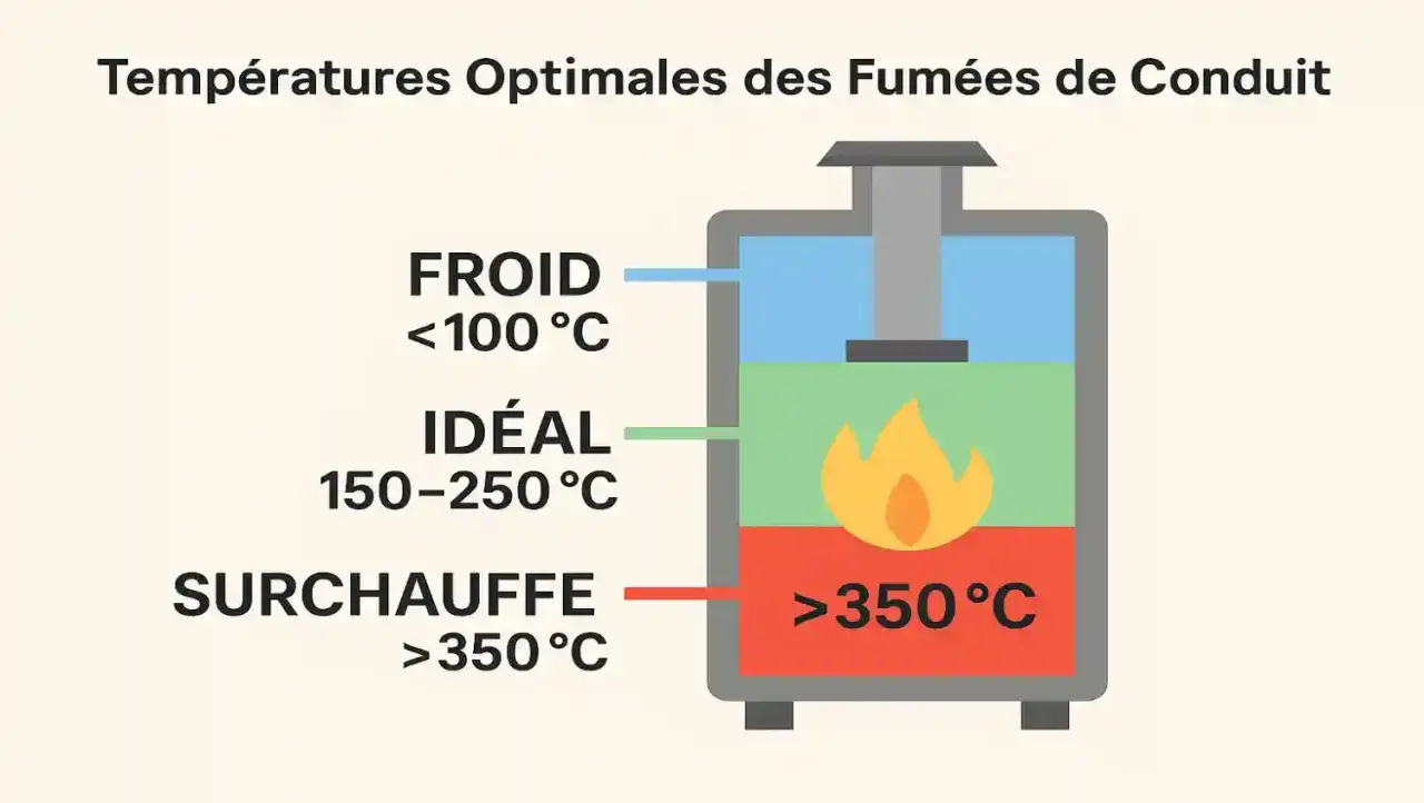 Diagramme montrant les températures idéales pour le rendement d'un poêle à bois : froid (<100°C), idéal (150-250°C) et surchauffe (>350°C).
