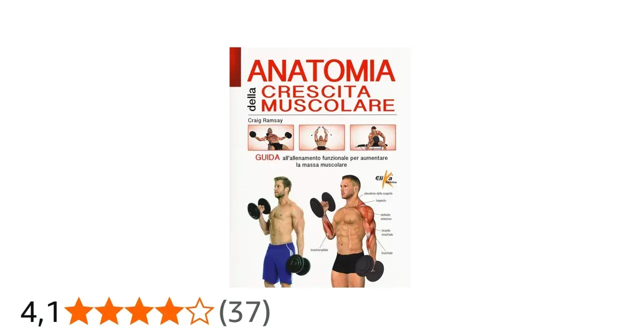 Copertina libro "Anatomia della Crescita Muscolare" con immagini di uomini che eseguono esercizi per aumentare massa muscolare.