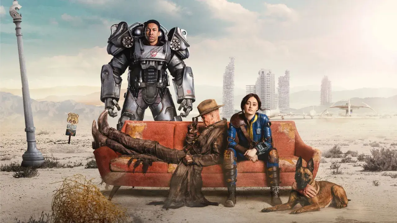 Postapokaliptyczna sceneria, gdzie bohaterowie w zbroi Power Armor, w strojach z Fallout i wierny pies czekają na **fallout 5 kiedy**.
