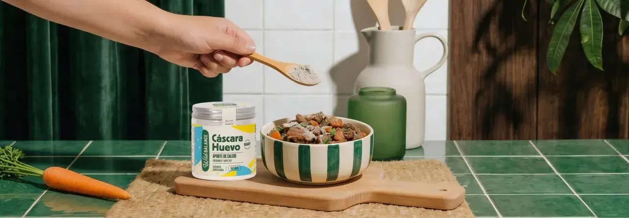 Un suplemento de cáscara de huevo se añade a la comida de un perro. ¡Los perros pueden comer huevo!