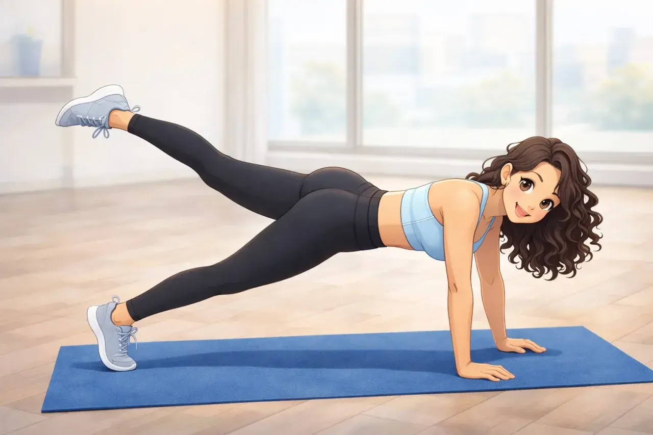 Une jeune femme fait un exercice de gainage à la maison, une jambe levée pour renforcer son dos.