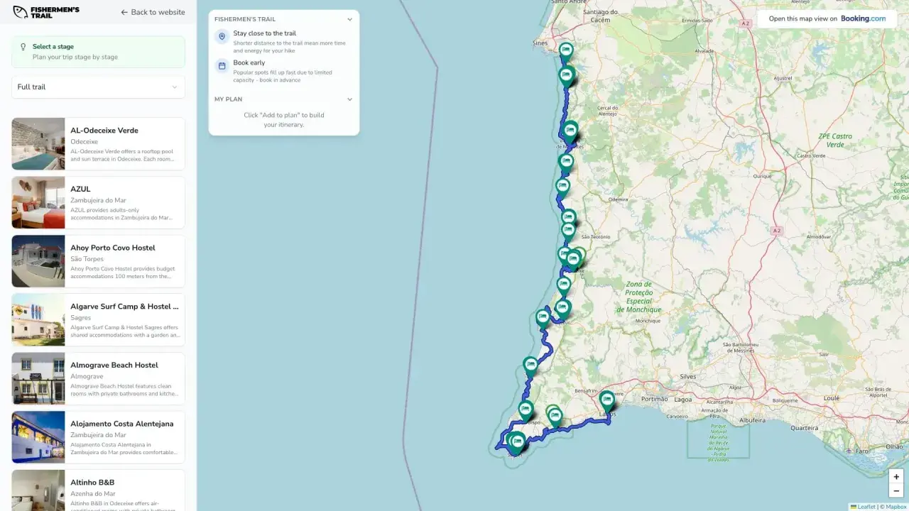 Map of the Fisherman's Trail in Portugal, showing the route and accommodation options.