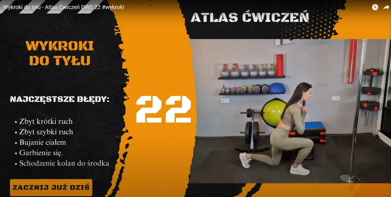 Kobieta wykonuje wykroki do tyłu, ćwiczenie angażujące mięśnie nóg i pośladków. Na ekranie lista błędów.