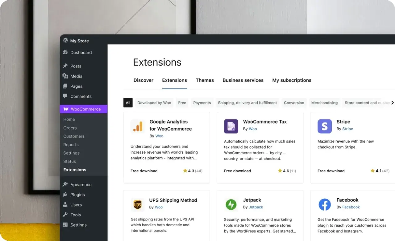 Explora extensiones para tu tienda: Google Analytics, WooCommerce Tax, Stripe, UPS, Jetpack y Facebook. Así funciona WooCommerce.