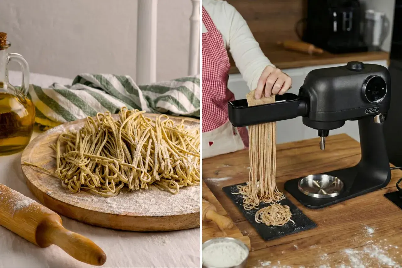 Domowy makaron spaghetti powstaje dzięki nowoczesnej maszynie. Na talerzu świeży, pachnący makaron.