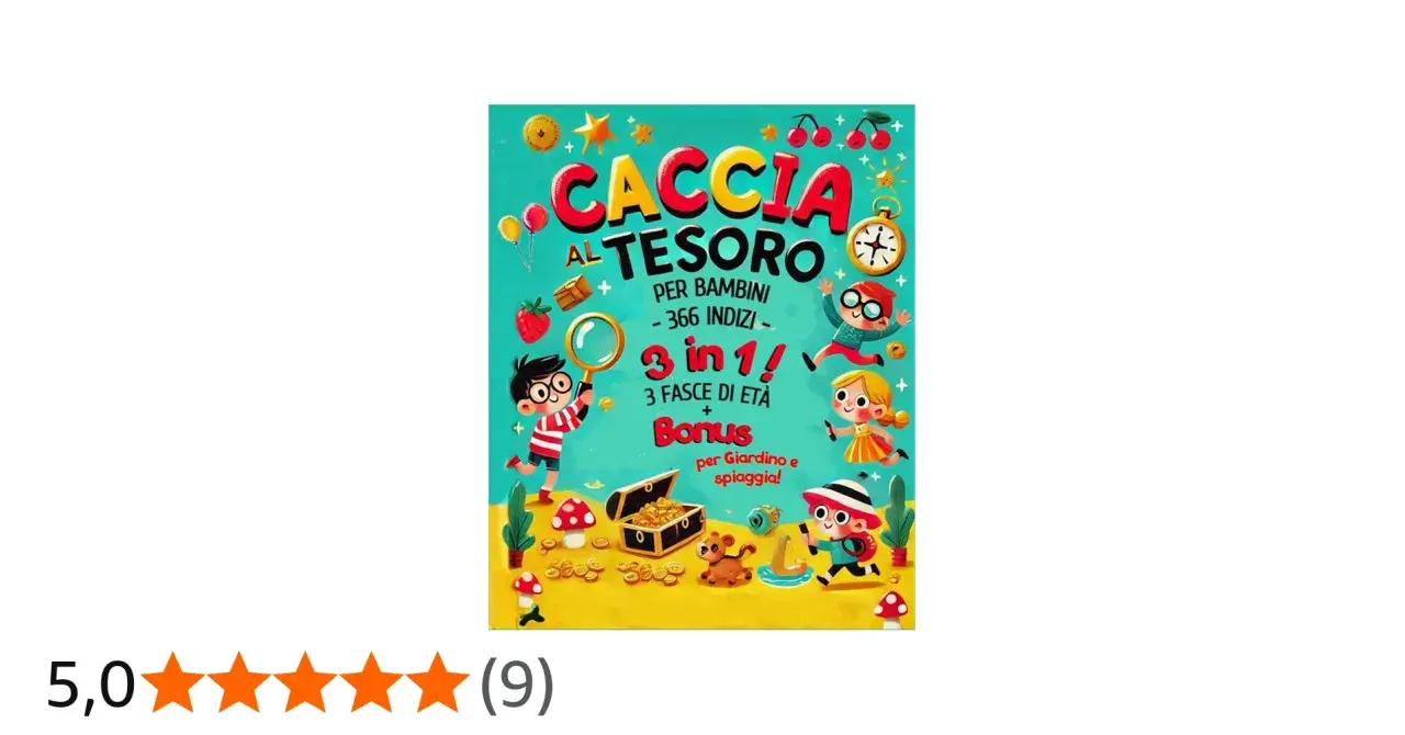 Copertina colorata per giochi caccia al tesoro per bambini, con bambini che cercano indizi e un forziere aperto.