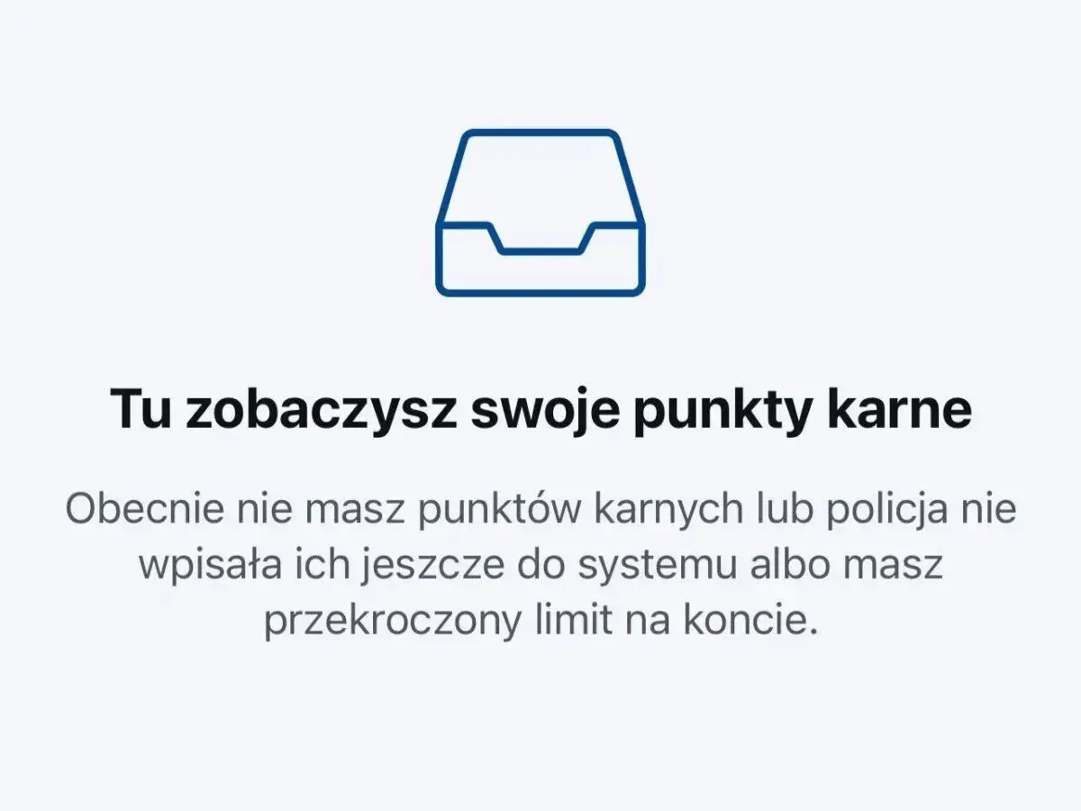 Ikona skrzynki pocztowej i tekst: "Tu zobaczysz swoje punkty karne". Brak punktów karnych, więc recydywa mandat nie grozi.