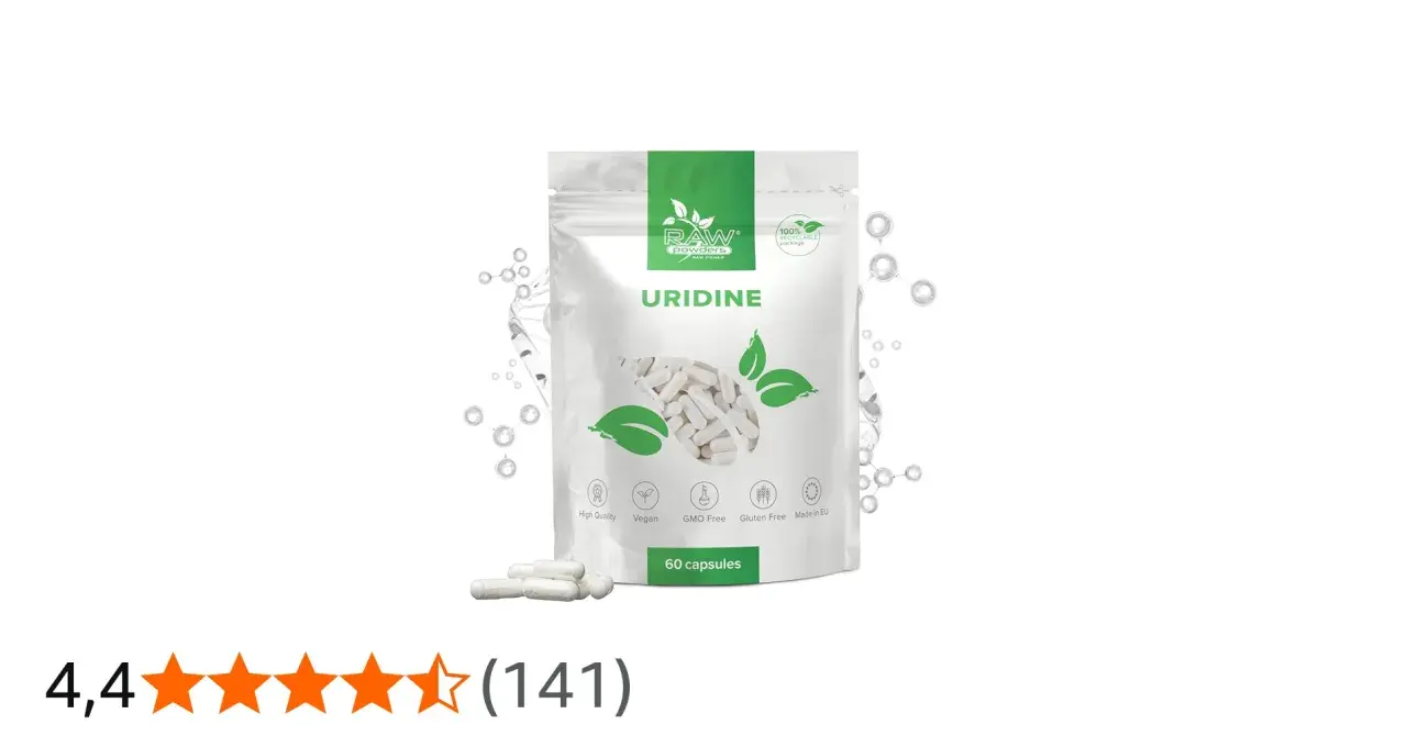 Verpackung mit Uridin-Kapseln. Viele positive uridinmonophosphat erfahrungen werden durch dieses Produkt bestätigt. 60 Kapseln, vegan, glutenfrei.