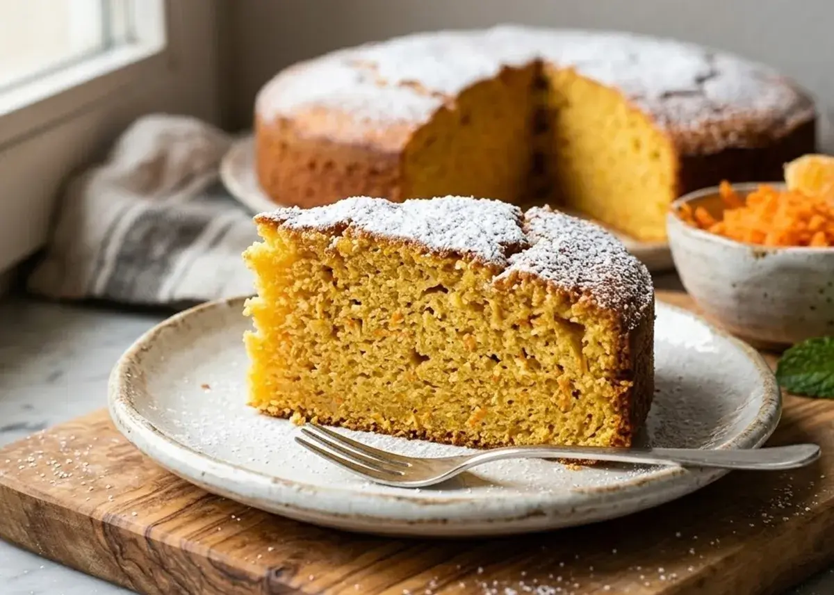 Una fetta di torta di carote soffice e profumata, cosparsa di zucchero a velo, su un piatto con una forchetta. Sullo sfondo, la torta intera e una ciotola di carote grattugiate.