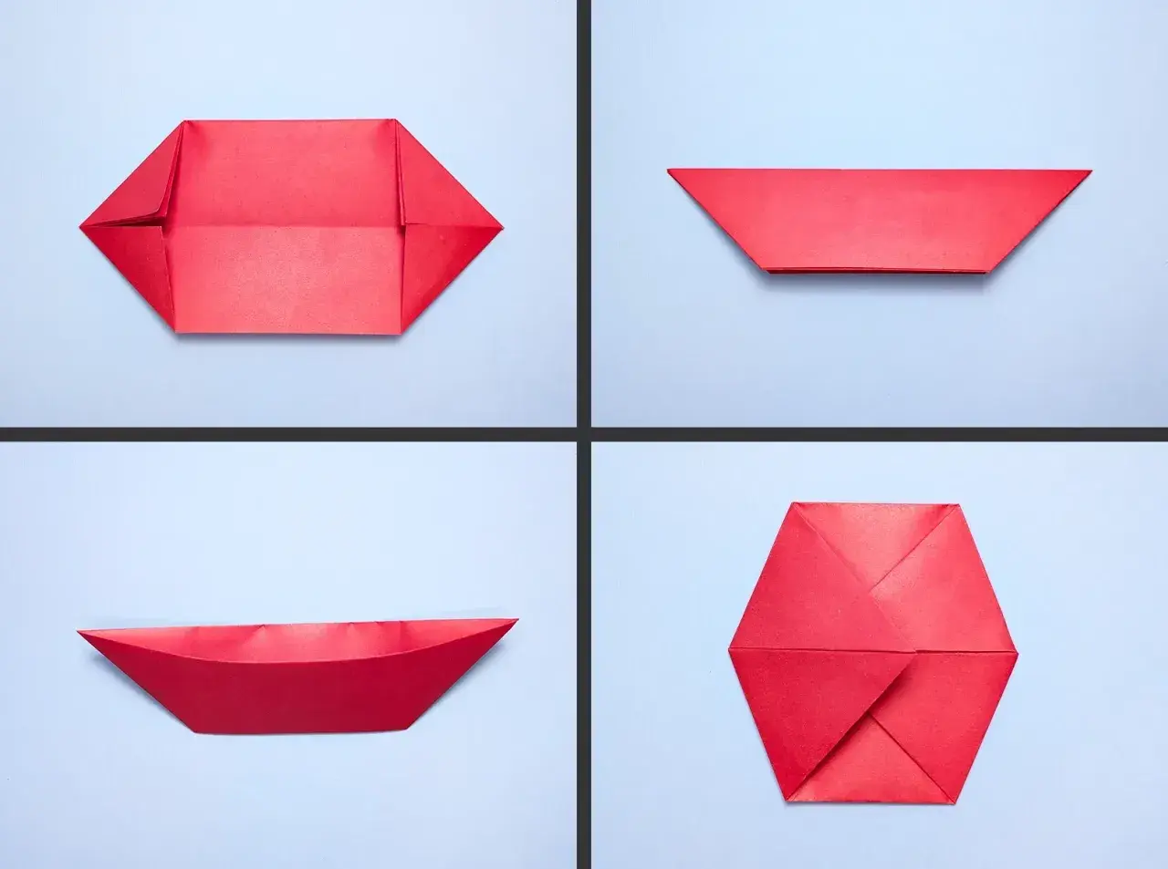 Instrukcja krok po kroku, jak złożyć czerwony statek z papieru. Widać kolejne etapy tworzenia origami.