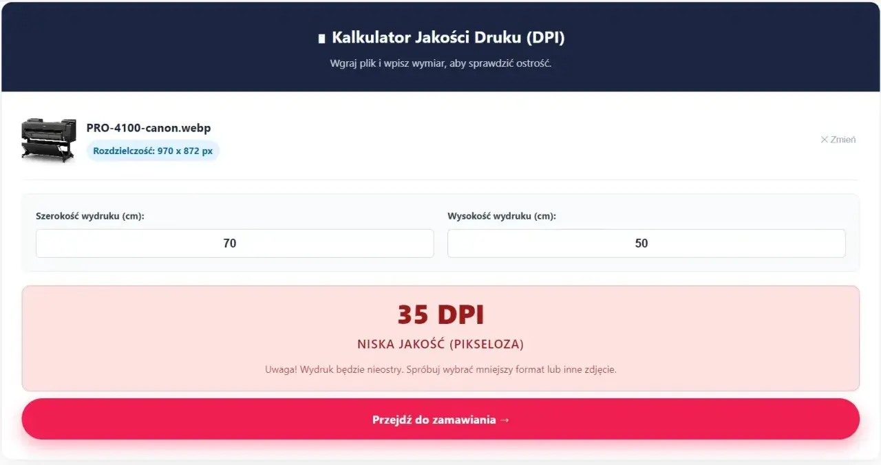 Kalkulator jakości druku (DPI) pokazuje, jak sprawdzić rozdzielczość zdjęcia. Wynik: 35 DPI, niska jakość.