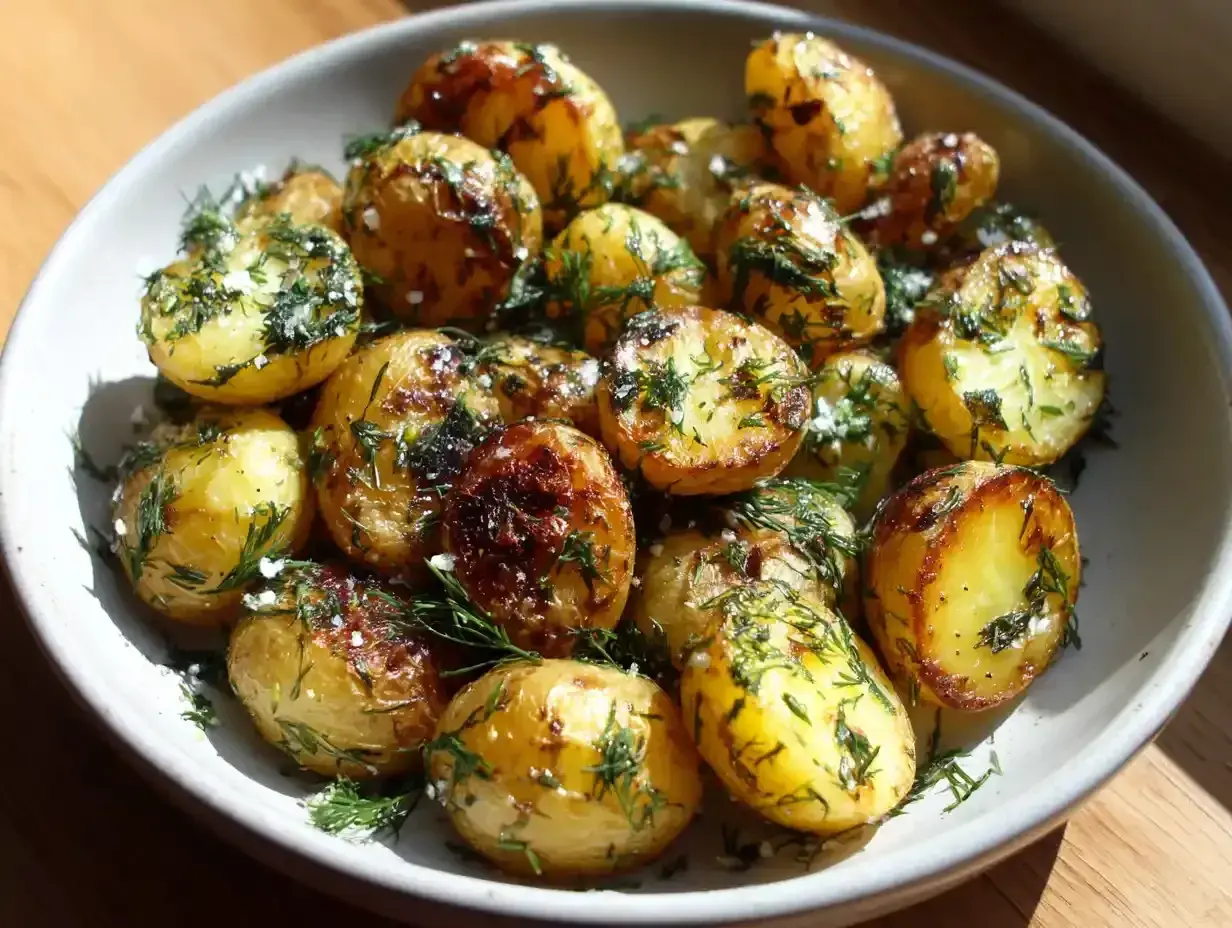 En skål med gyllene, krispiga stekt potatis, toppad med färsk dill och flingsalt. Perfekt tillbehör!