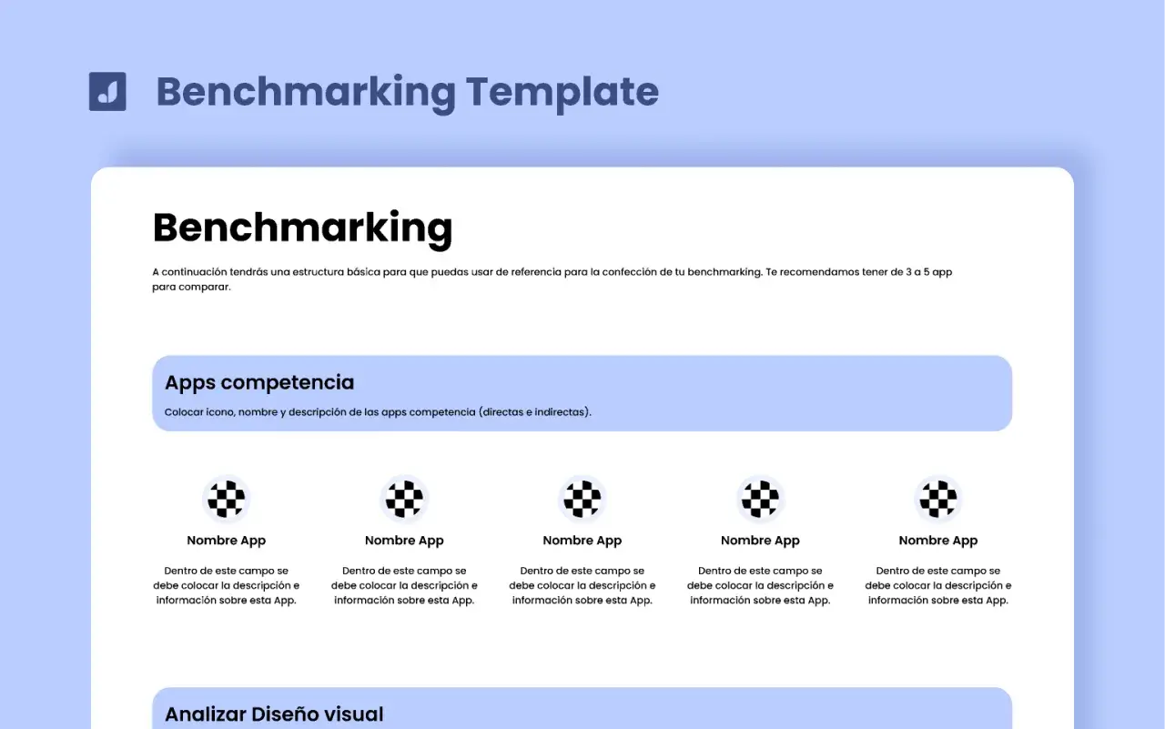 Plantilla para web benchmarking con secciones para analizar apps competencia y diseño visual.