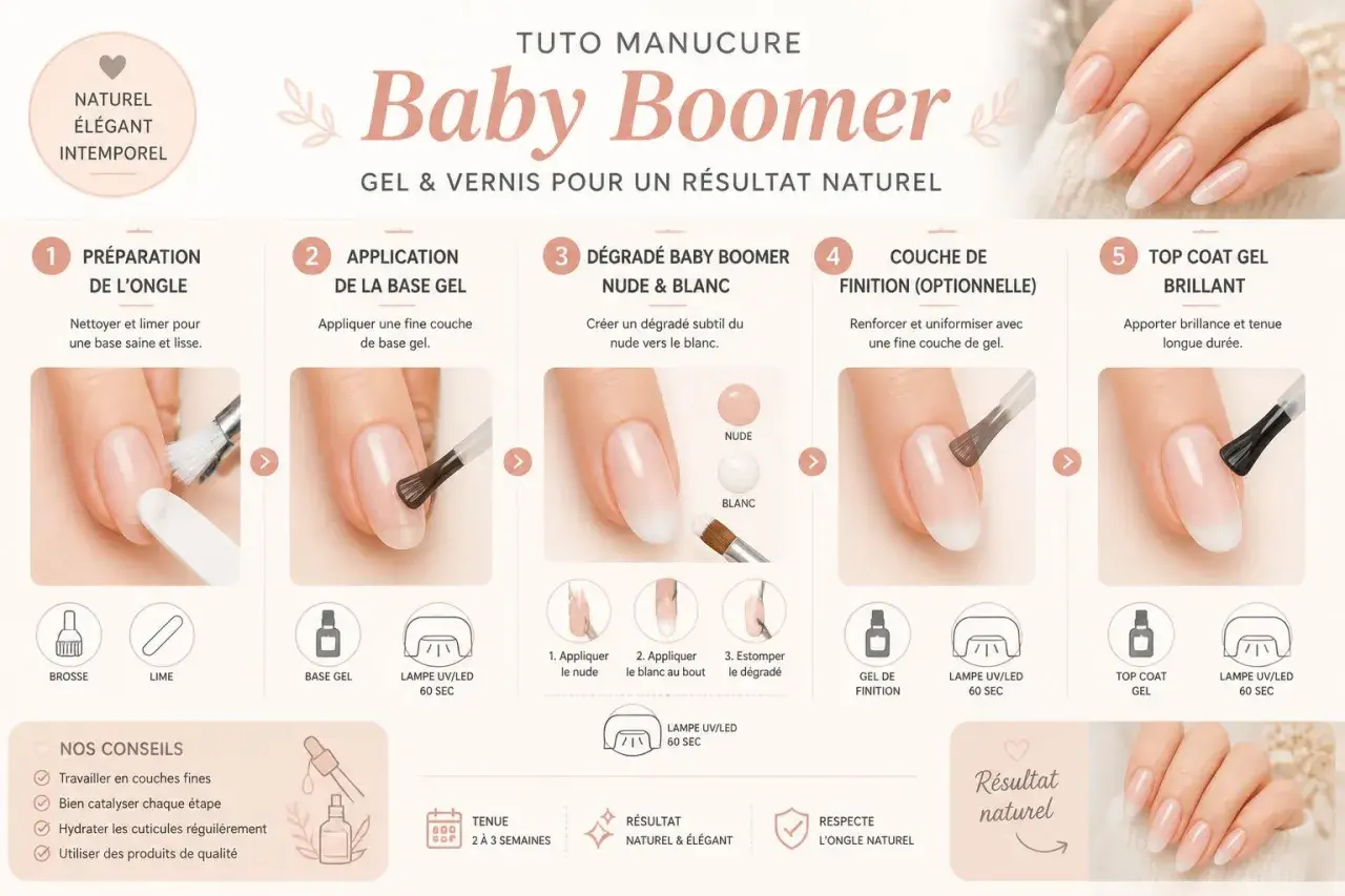 Tuto manucure Baby Boomer pour un résultat naturel. Étapes pour créer un nail art dégradé de couleur subtil, du nude au blanc, avec une finition gel.