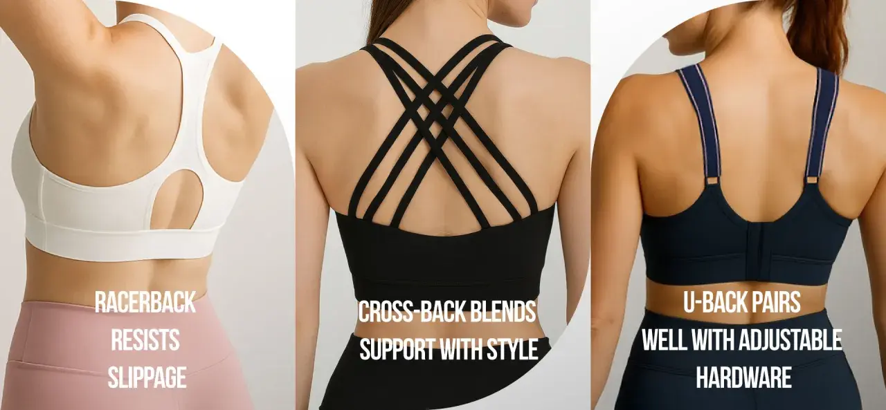 Three women's backs showcasing different sports bra styles: racerback, cross-back, and U-back. Perfect for your next DIY sports bra project!